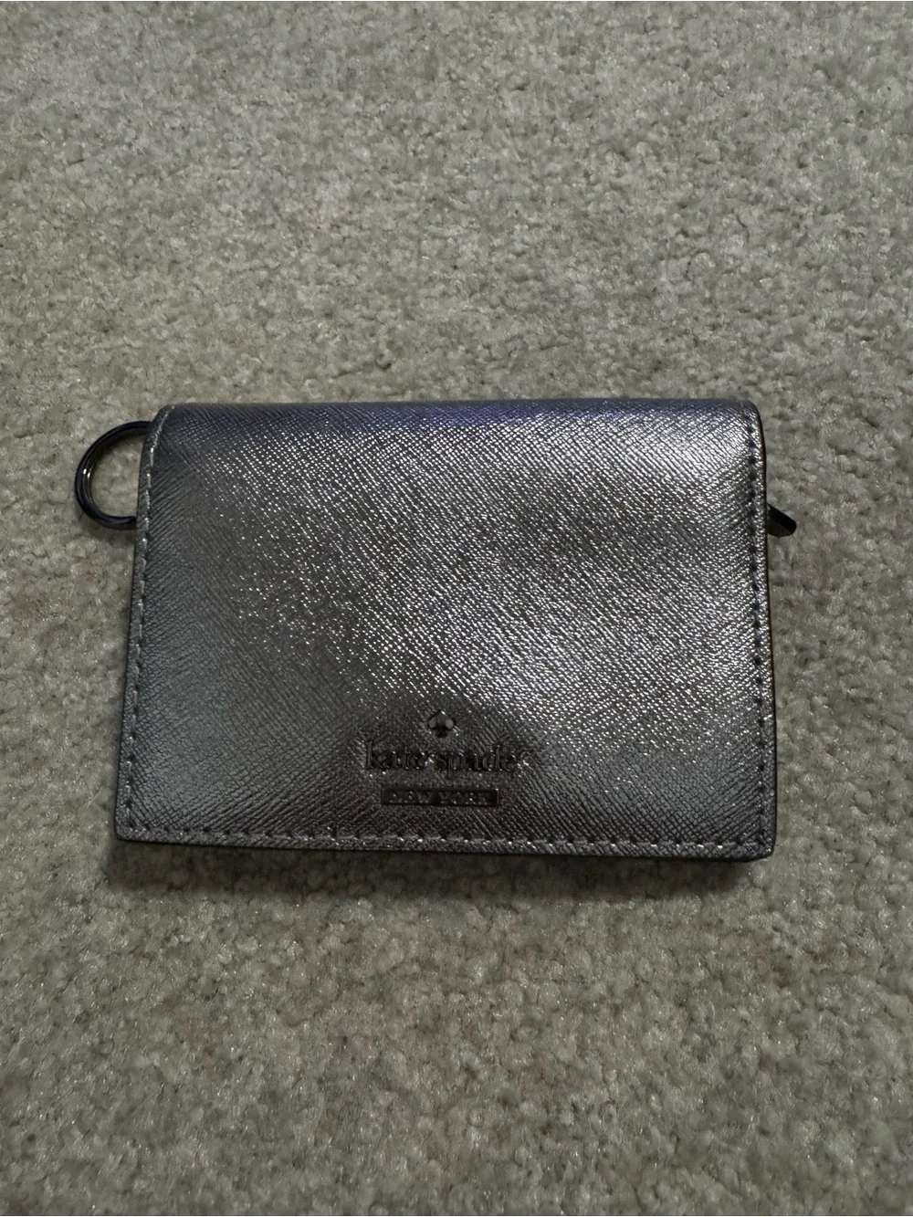 Kate Spade Metallic Silver Keyring Card Holder Wallet Snap Closure-3x4.25x1”